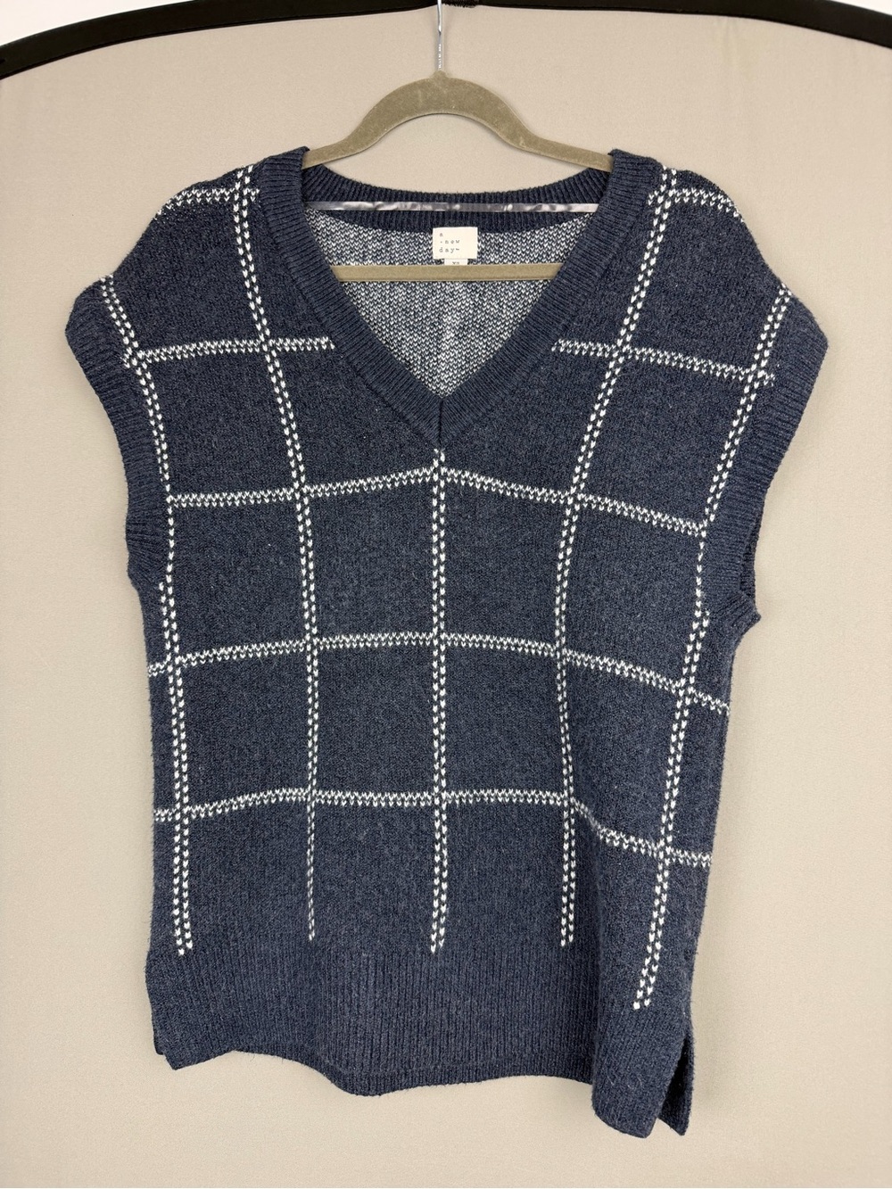 A new day Navy Windowpane V-Neck Sweater Vest XS, oversized